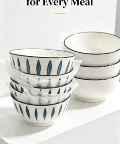 Japanese-Inspired Blue Leaf & Minimalist Black Trim Ceramic Bowls-14cm