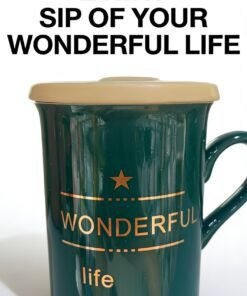 Dark Green "Wonderful Life" Ceramic Mug with Lid