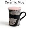 Black Tropical Leaf Ceramic Mug with Lid
