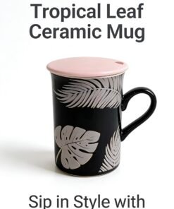 Black Tropical Leaf Ceramic Mug with Lid